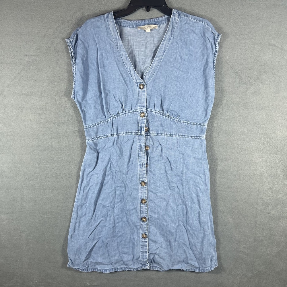 LOFT Petites 12P Chambray Mini‎ Dress Women's Light Blue Sleeveless Button Front